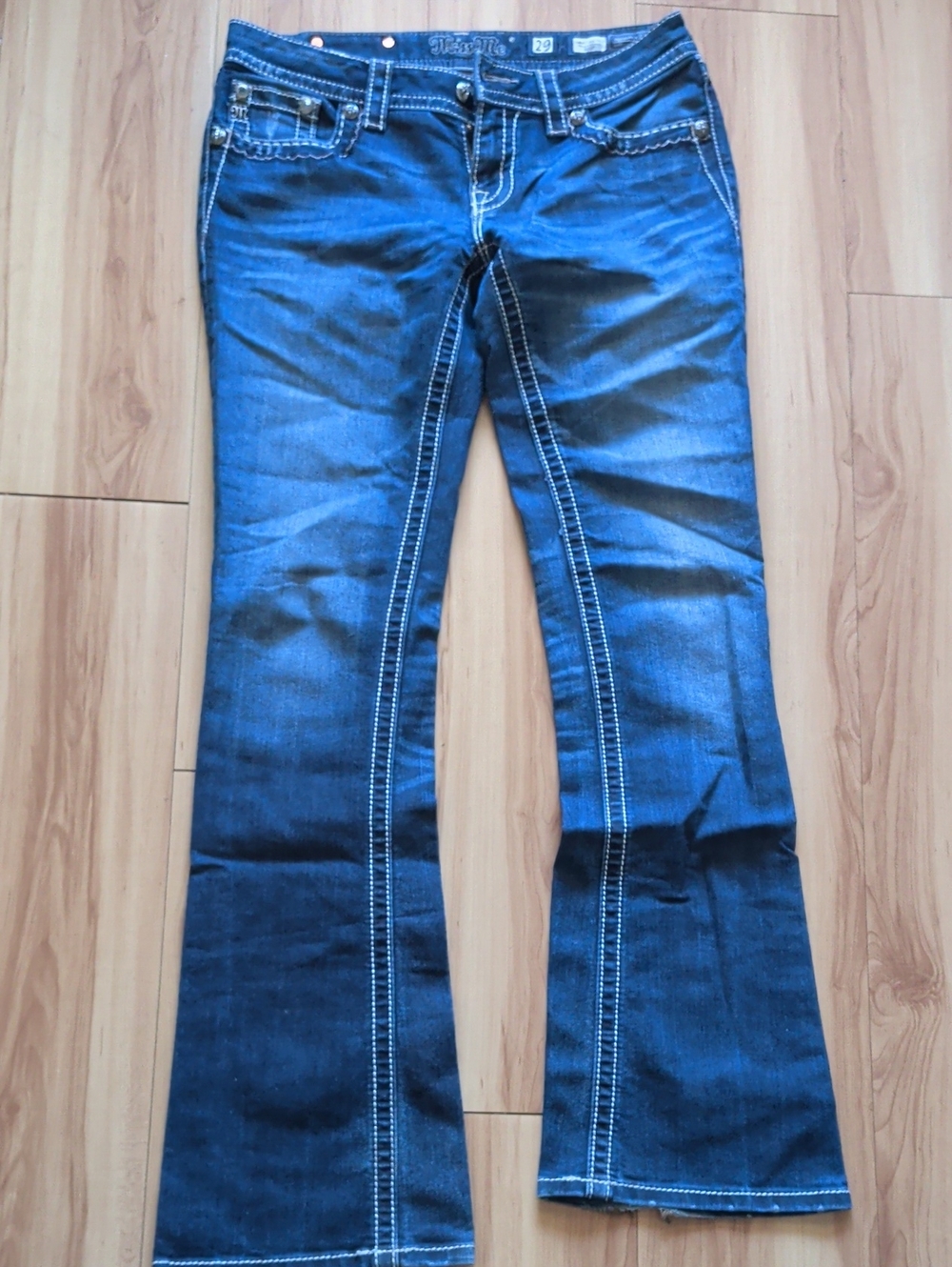 Miss Me Blue Boot Cut Jeans with White Contrast Stitching
